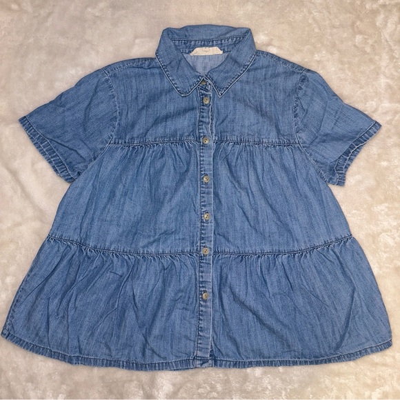 Madewell Denim Seamed Button Down Shirt Tiered Chambray Babydoll Ruffle Top Sz S - Picture 5 of 7
